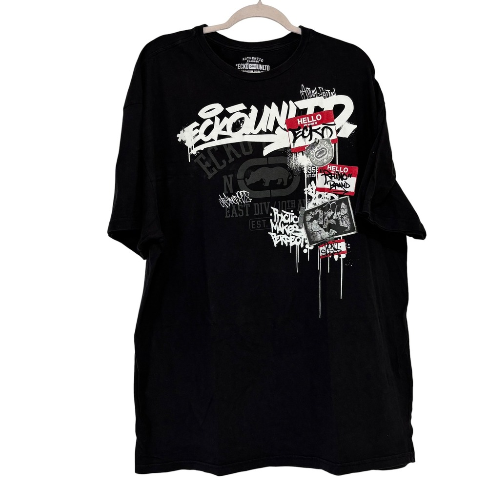 Ecko Unltd Graphic T-Shirt Men Black Cotton Streetwear Graffiti Rhino 2XL